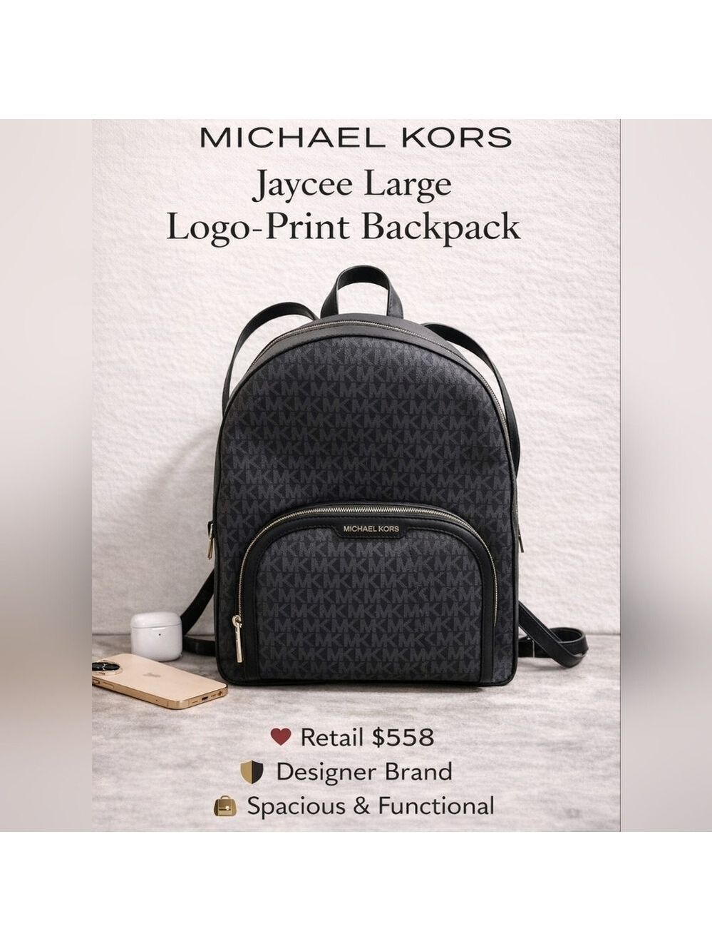 Michael Kors Jaycee Large Logo Backpack Black MK Signature Designer $558 Retail